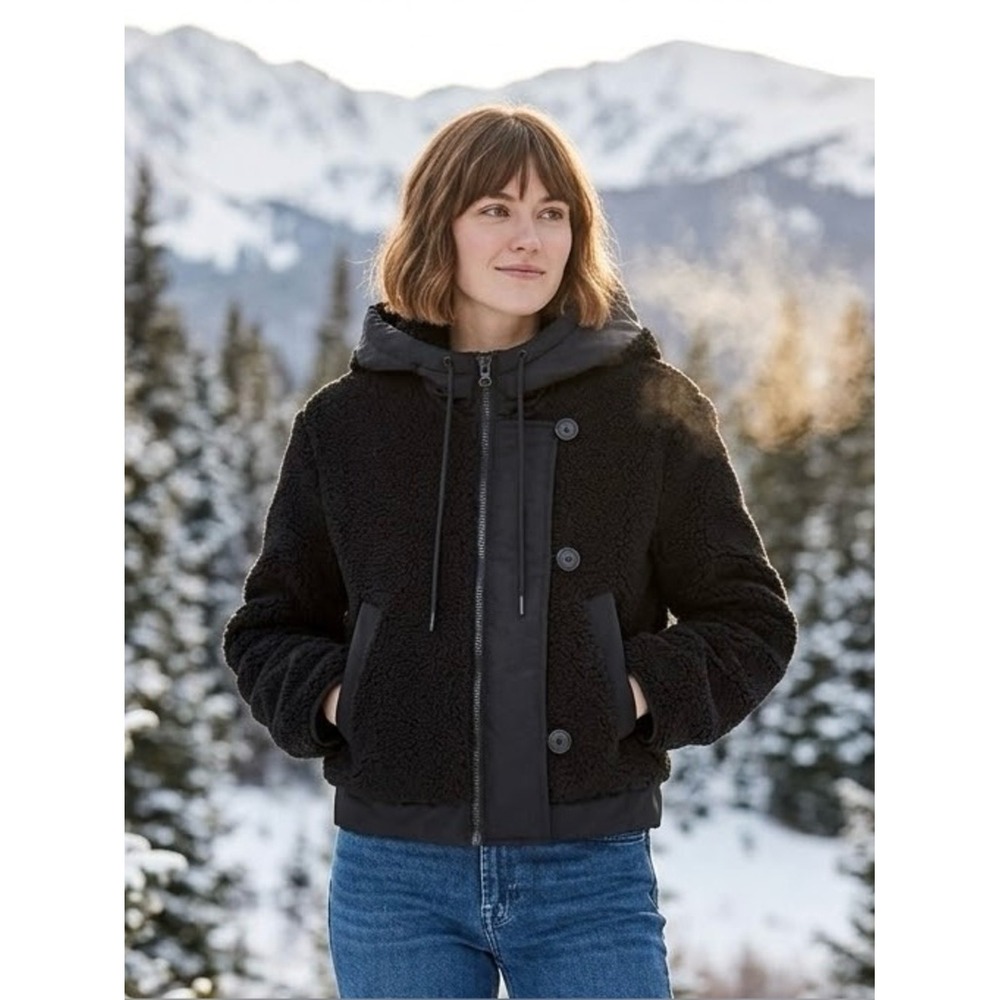 NWT‎ Hudson Jeans Faux Shearling Hooded Cropped Jacket Sz Large